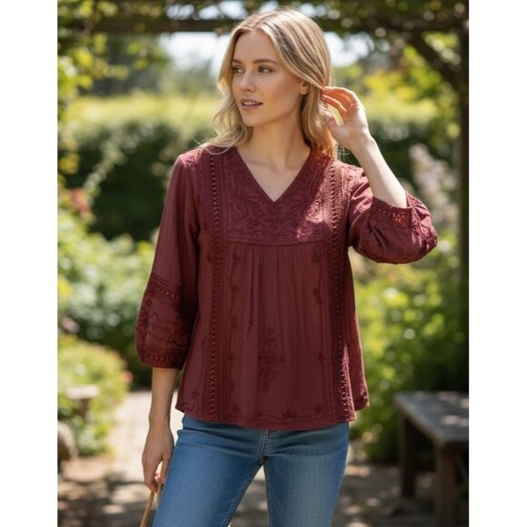 Rust Red Floral Embroidered Crochet V-Neck Tie Back Peasant Top Blouse SZ Large - Picture 1 of 9